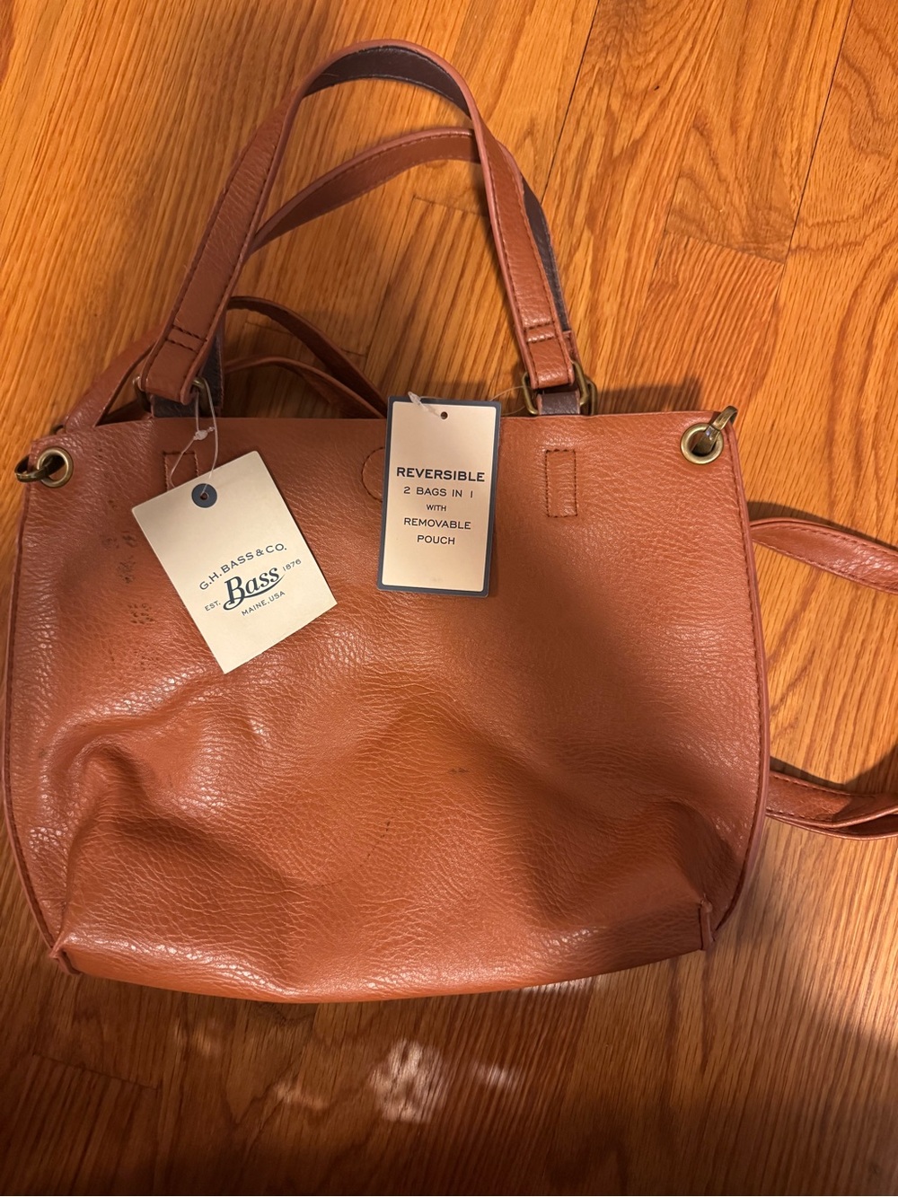 Bass Reversible Shoulder Tote Bag - Cognac Brown with Removable Pouch